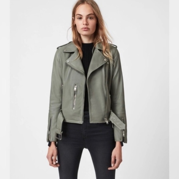 ALLSAINTS BALFERN LEATHER BIKER JACKET IN SAGE GREEN SIZE - 4.US/8.UK/36.EU - Picture 1 of 13